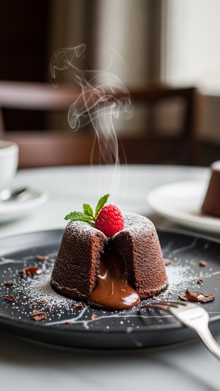 Close-Up Of Decadent Chocolate Lava Cake Oozing Molten Chocolate With Raspberry Garnish On Dark Marble Plate