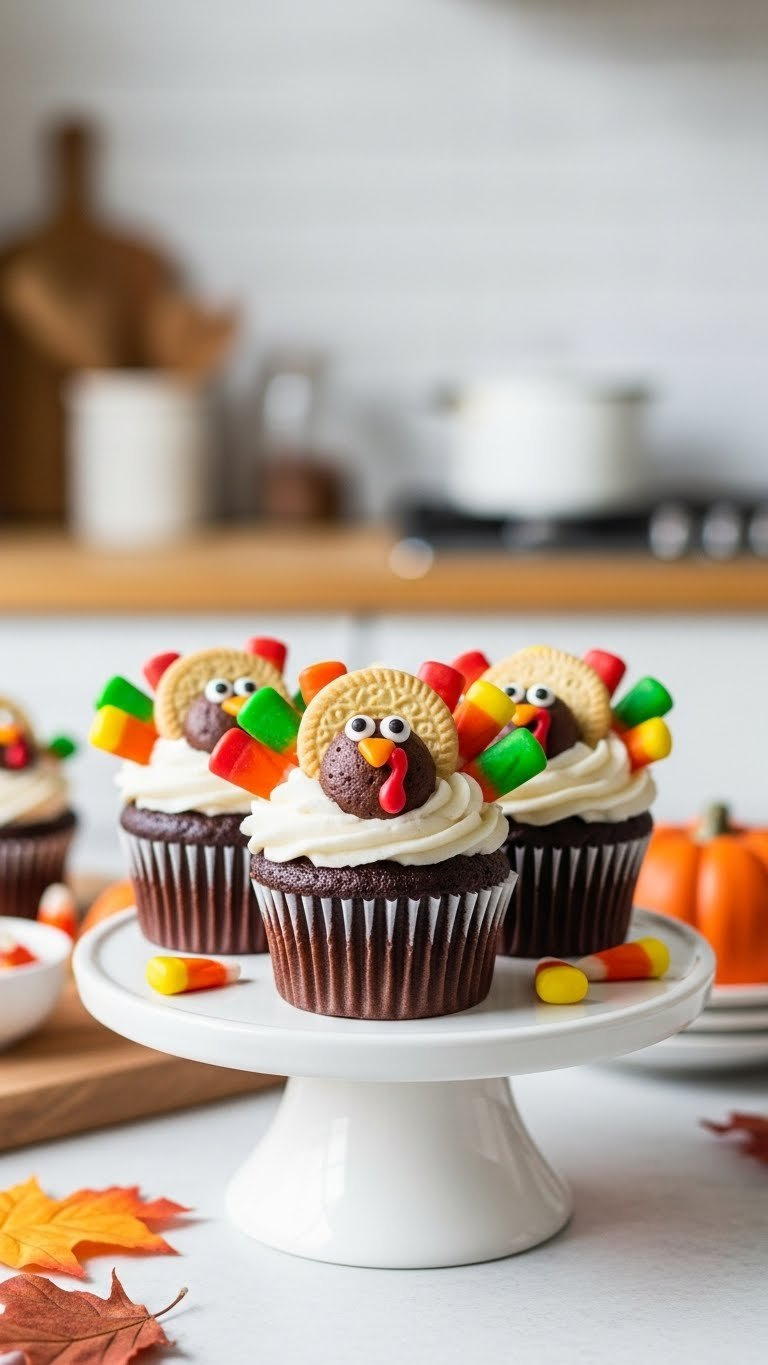 Close-Up Of Decorated Chocolate Turkey Cupcakes With Candy Corn Feathers And Cookie Head On White Ceramic Stand In Cozy Autumn Kitchen Setting