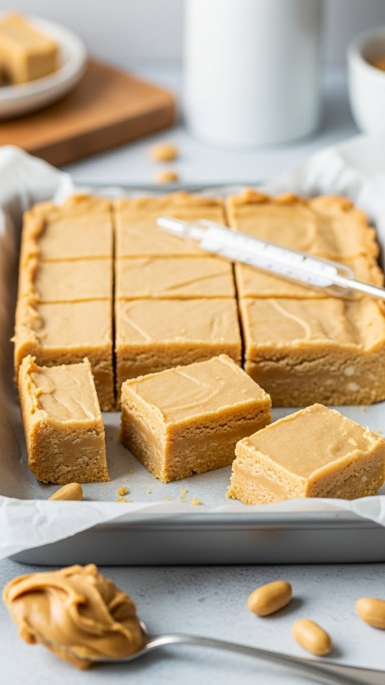 Close-Up Of Dense, Uniform Slices Of Old-Fashioned Peanut Butter Fudge In A Parchment-Lined Pan, Warm Kitchen.