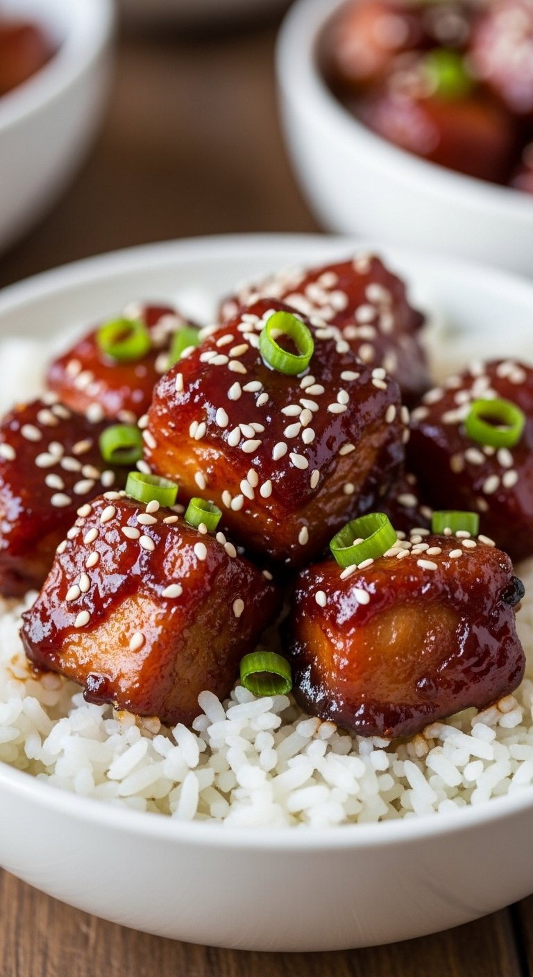 Close-Up Of Diced Chicken Coated In Thick Glossy Honey Bbq Glaze Topped With Sesame Seeds.