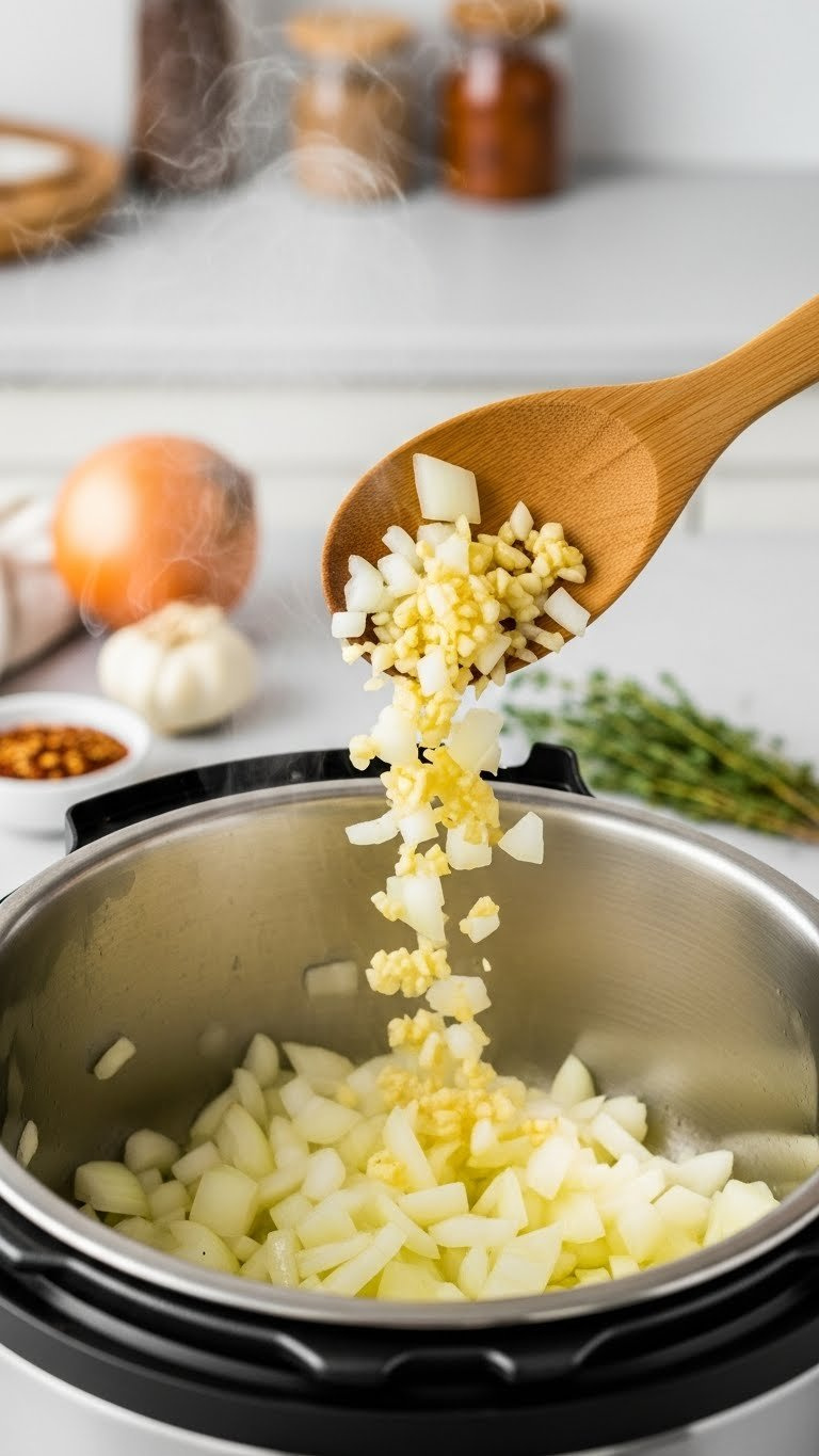 Close-Up Of Diced Yellow Onion And Minced Garlic Sautéing In An Instant Pot With Steam Rising, Thyme, And Red Pepper Flakes.