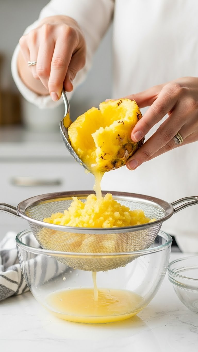 Close-Up Of Drained Crushed Pineapple In Fine-Mesh Sieve With Collected Juice On White Kitchen Counter With Soft Bokeh Background