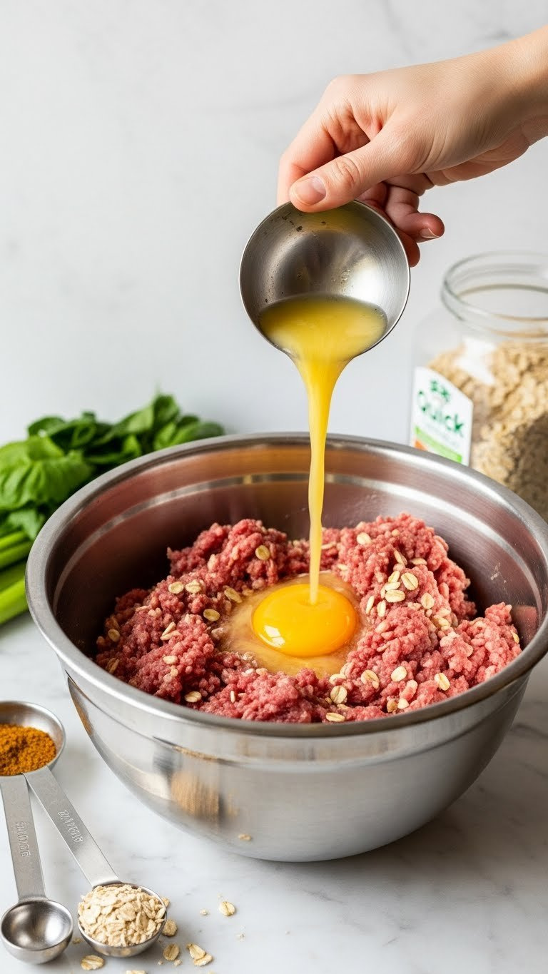 Close-Up Of Dry Quick Oats Mixed With Raw Ground Beef In A Stainless Steel Bowl On Marble Countertop. Fresh Greens, Natural Woods.