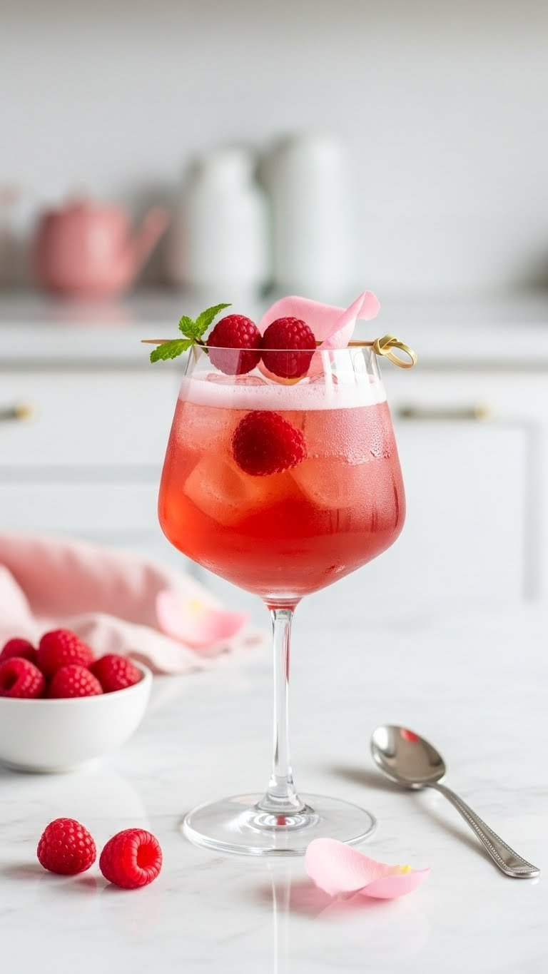 Close-Up Of Elegant Non-Alcoholic Sparkling Rosé Mocktail Garnished With Fresh Raspberries And Rose Petal On Marble Countertop