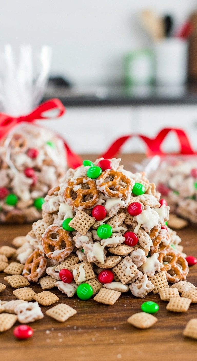 Close-Up Of Festive Classic White Chocolate Christmas Crack Chex Mix With Red &Amp; Green M&Amp;Ms, Pretzels, And Cereal On A Rustic Wooden Table.