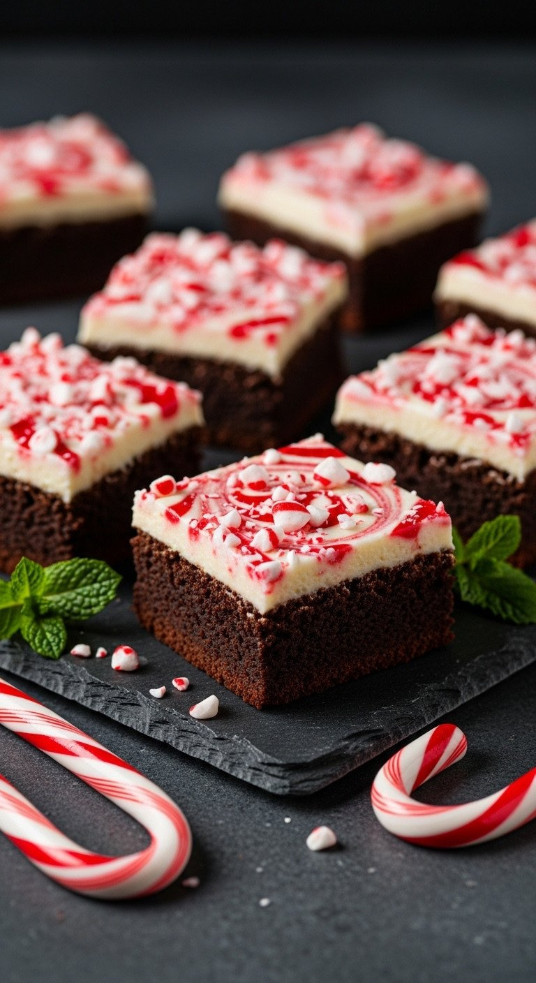 Close-Up Of Festive Peppermint Swirl Brownies With Crushed Candy Canes And White Chocolate Frosting On A Dark Slate.