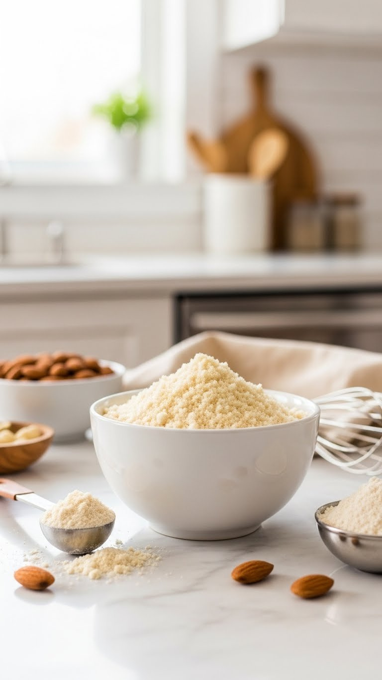 Close-Up Of Finely Ground Almond Flour And Wheat Flour In Bowls With Measuring Spoon On White Marble Countertop For Healthy Baking Comparison