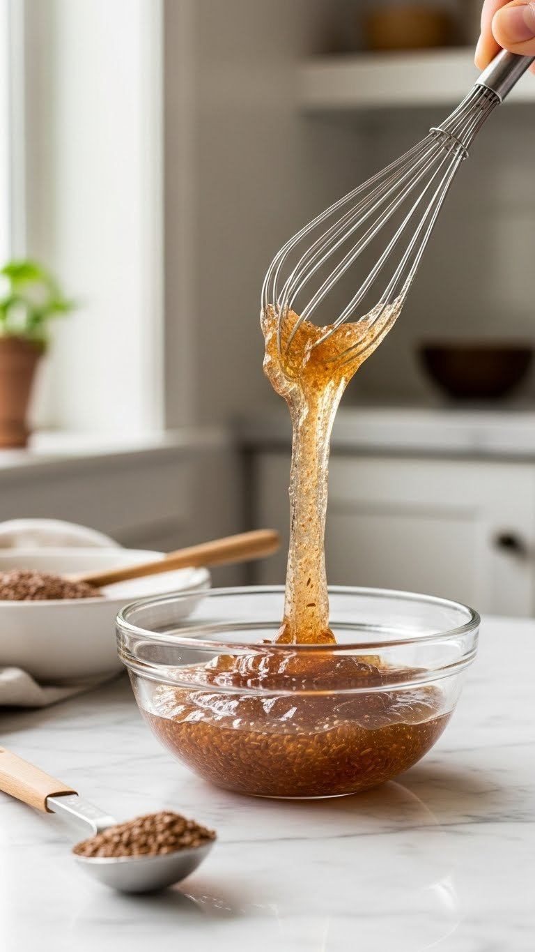 Close-Up Of Finely Ground Flaxseed Meal Whisked Into Water In A Glass Bowl, Forming A Thick, Gelatinous Brown Flax Egg For Vegan Baking.