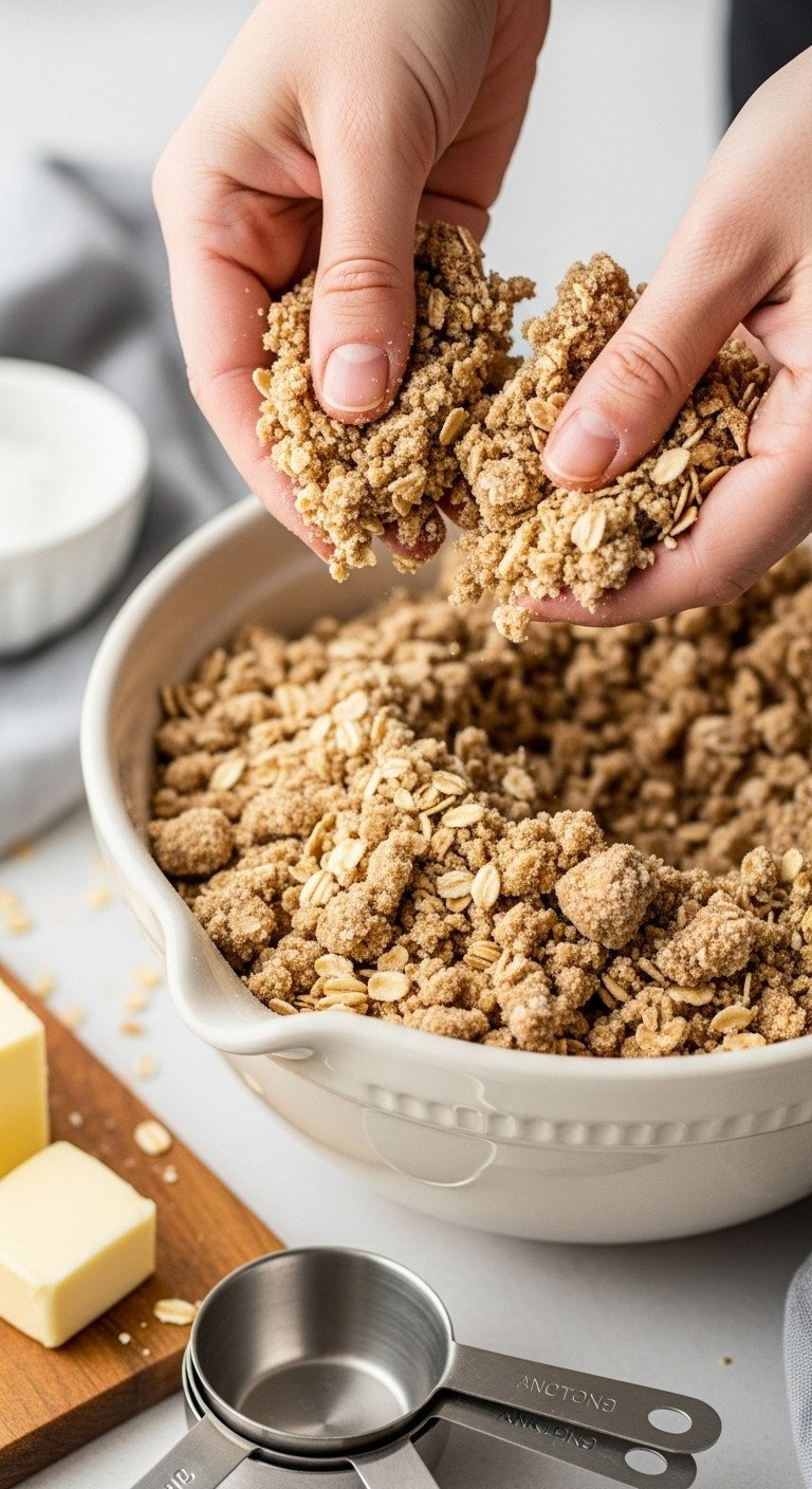 Close-Up Of Fingers Crumbling Crunchy Oat Streusel Topping For Apple Crisp Over A Ceramic Bowl. Raw Oats, Butter, Brown Sugar.