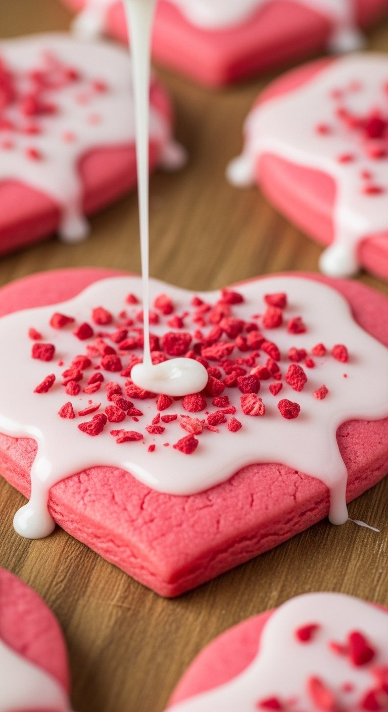 Close-Up Of Finished Pink Heart-Shaped Cookie Drizzled With Glaze And Crushed Freeze-Dried Raspberries On Rustic Wood.