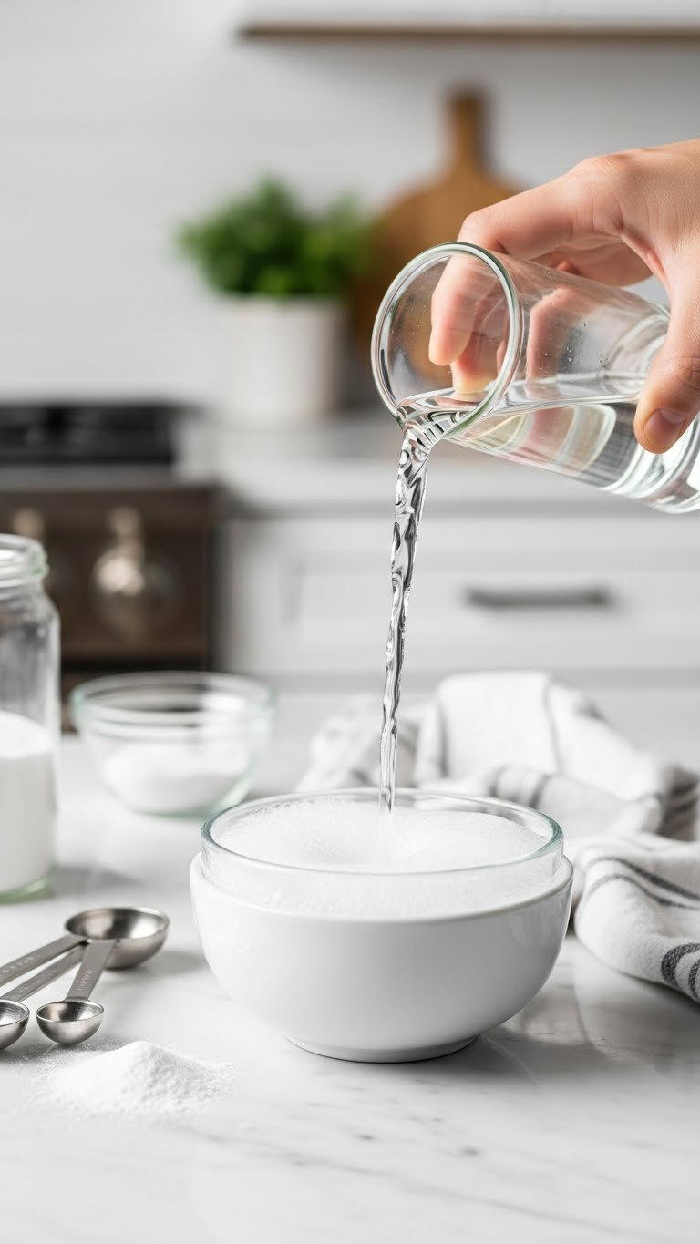Close-Up Of Fizzy White Vinegar Reacting With Baking Soda In A Glass Bowl On A Marble Counter. Bright, Airy Kitchen.