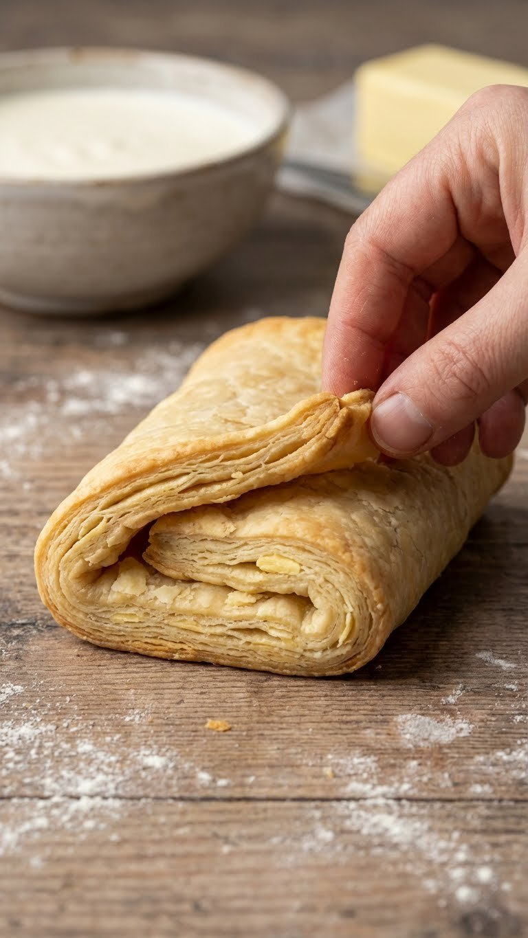 Close-Up Of Flaky Shortcrust Pastry Dough With Heavy Cream, Butter, On Rustic Wooden Table, Floured Surface, Homey.