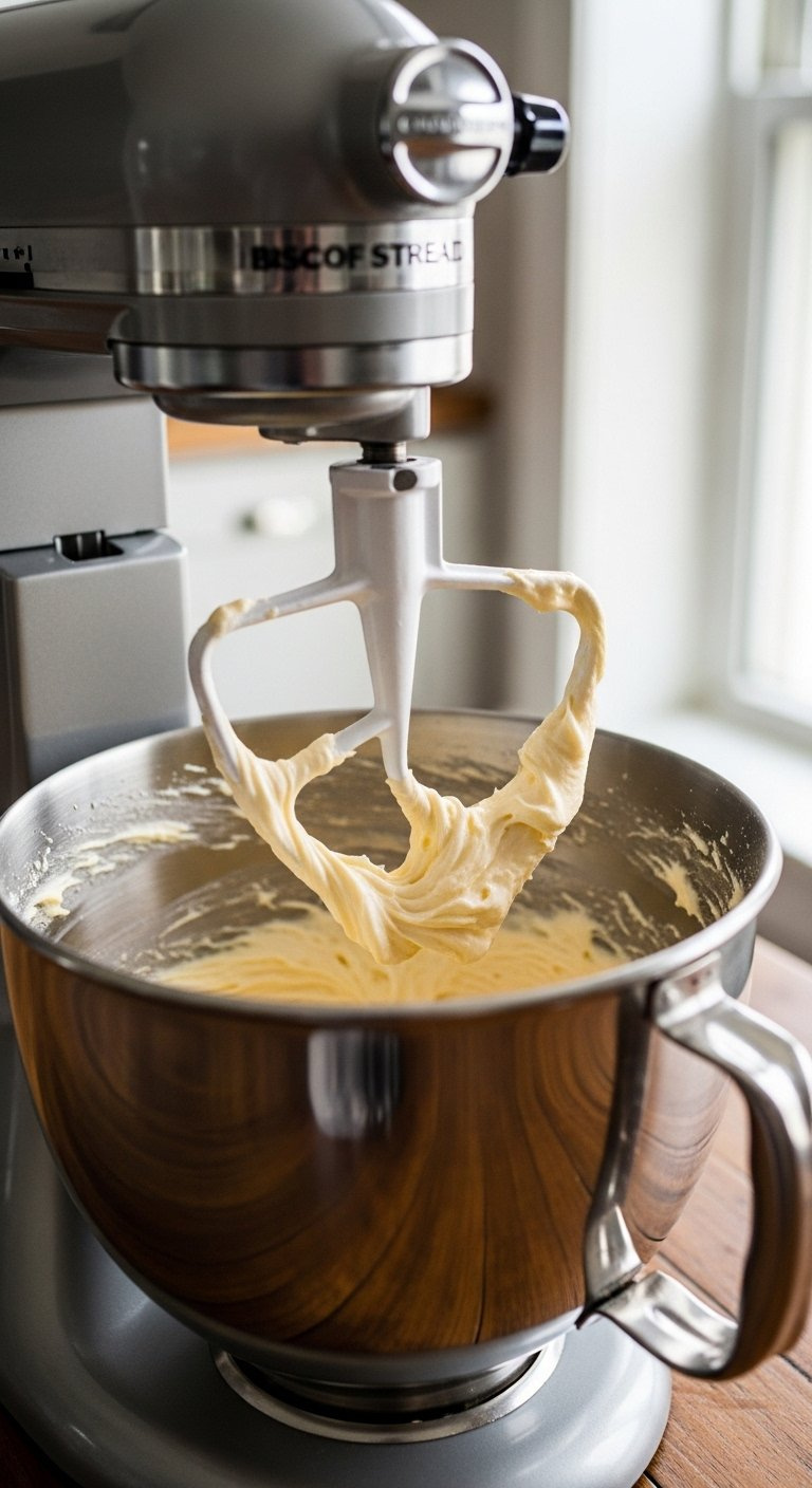 Close-Up Of Fluffy Creamed Butter And Biscoff Sugar Mixture In A Stand Mixer Bowl On A Rustic Wooden Table.