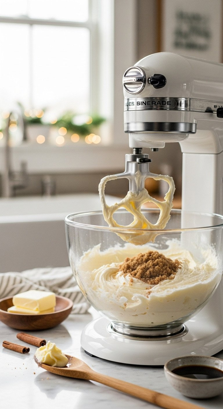 Close-Up Of Fluffy Creamed Butter And Brown Sugar In A Stand Mixer Bowl On A Marble Countertop For A Christmas Cookie Recipe.
