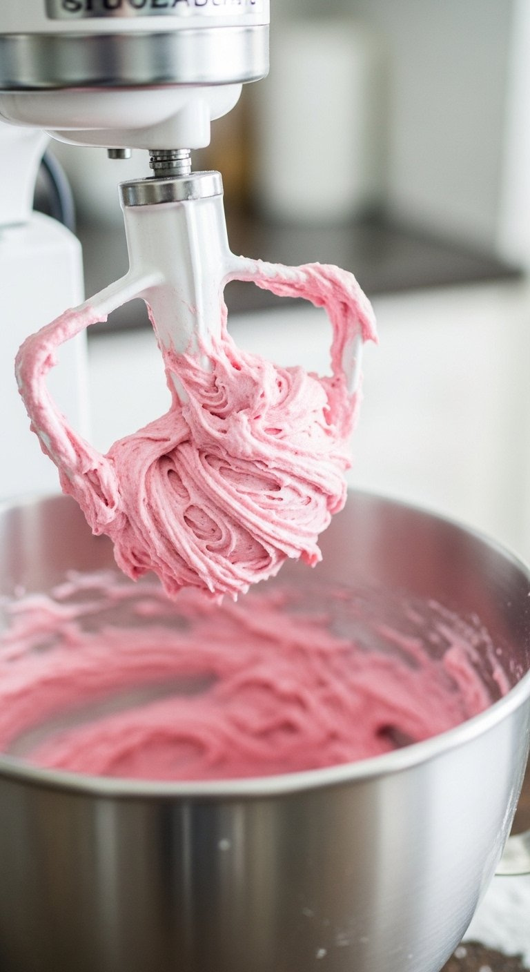 Close-Up Of Fluffy Pink Raspberry Cookie Dough In A Stand Mixer Bowl Under Soft Natural Lighting.