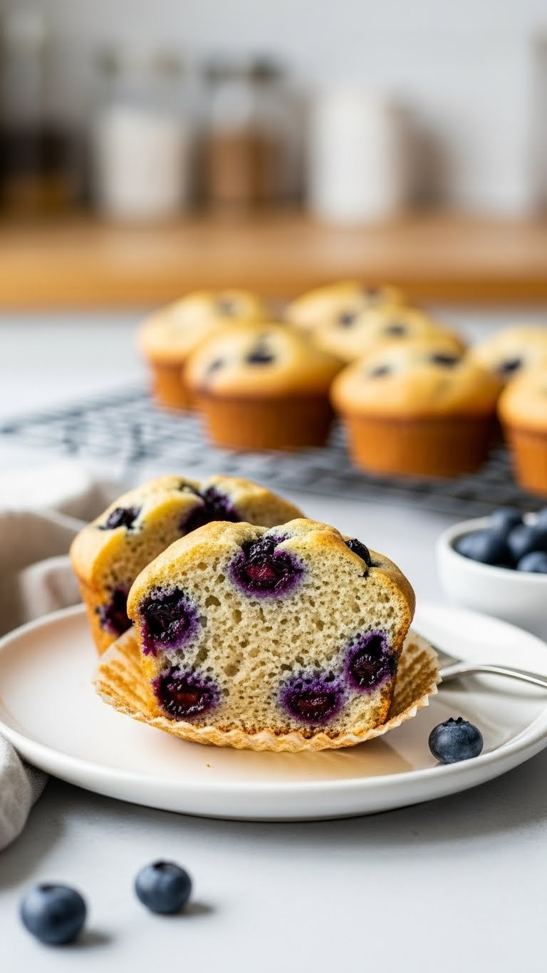 Close-Up Of Fluffy Vegan Blueberry Muffin Cross-Section On White Plate With Fresh Berries, Showcasing Moist Crumb And Flax Egg Rise.
