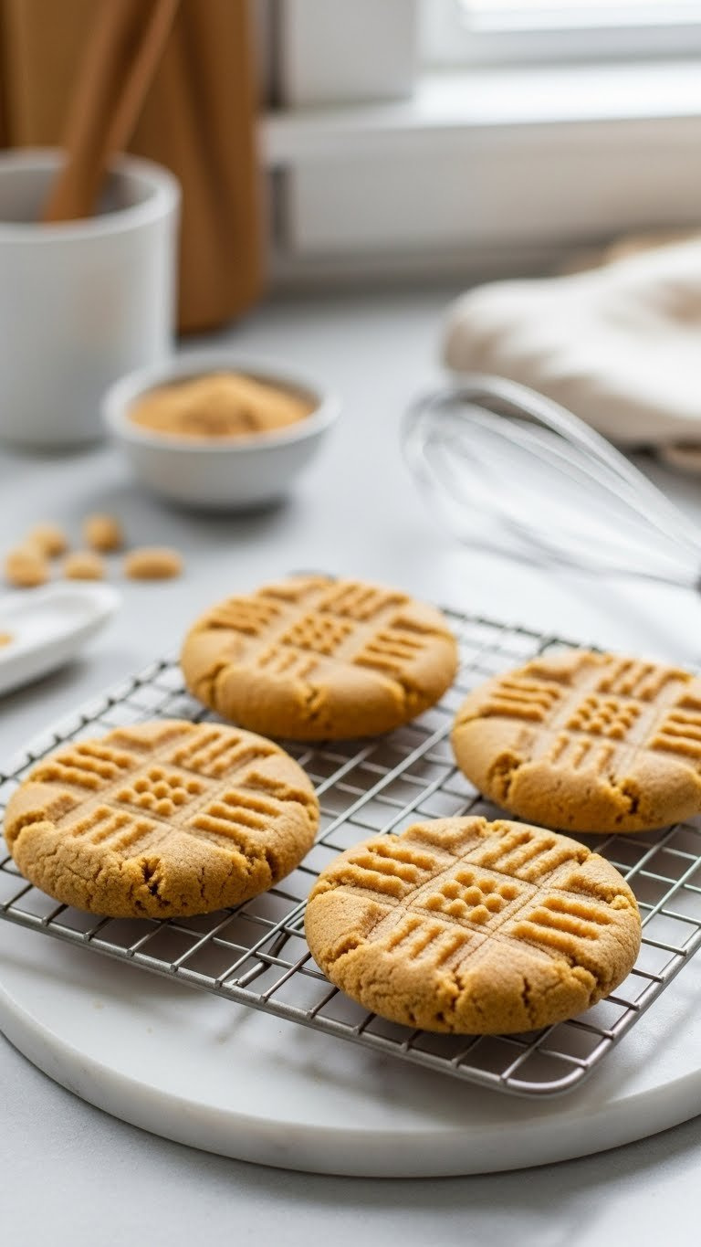 Close-Up Of Four Golden-Brown Classic Peanut Butter Cookies With Cross-Hatch Pattern, Cooling On A Wire Rack, Marble Slab Background, Cozy Kitchen.