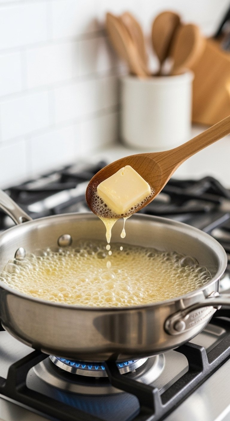 Close-Up Of Fragrant Browned Butter Bubbling In A Stainless Steel Saucepan On A Gas Stove With A Wooden Spoon.
