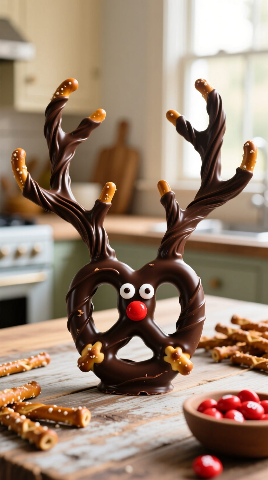 Close-Up Of Freshly Made Chocolate-Covered Reindeer Pretzels With Red Candy Noses And White Candy Eyes, Arranged On A Rustic Wooden Table In A Cozy Kitchen.