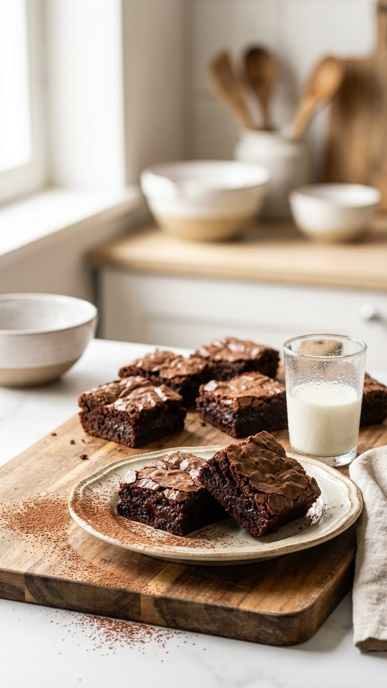 Close-Up Of Fudgy Chocolate Brownies With Crackly Tops, Gooey Interiors, And Cocoa Powder On A Rustic Wooden Table With A Glass Of Milk.