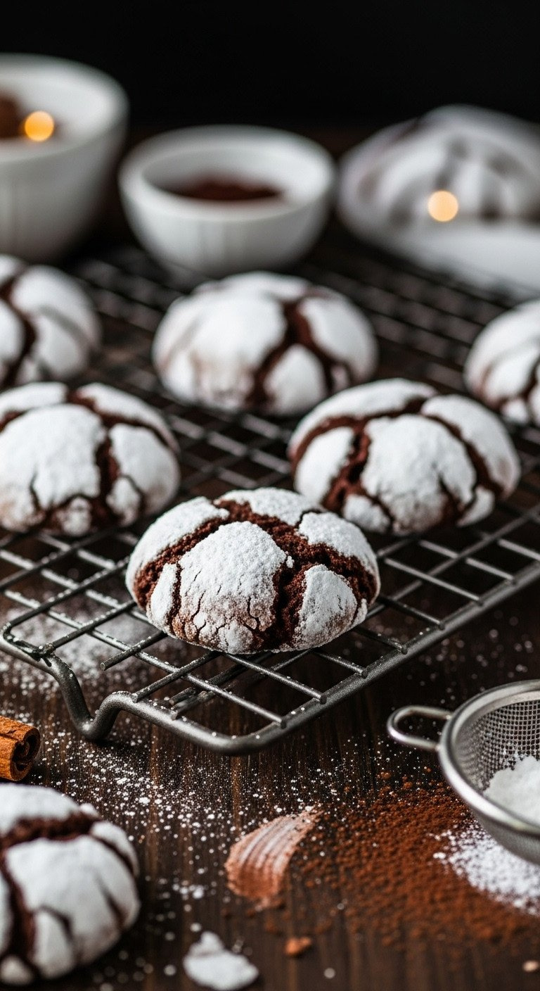 Close-Up Of Fudgy Chocolate Crinkle Cookies On A Wire Cooling Rack, Highlighting The Crackled Powdered Sugar Coating.