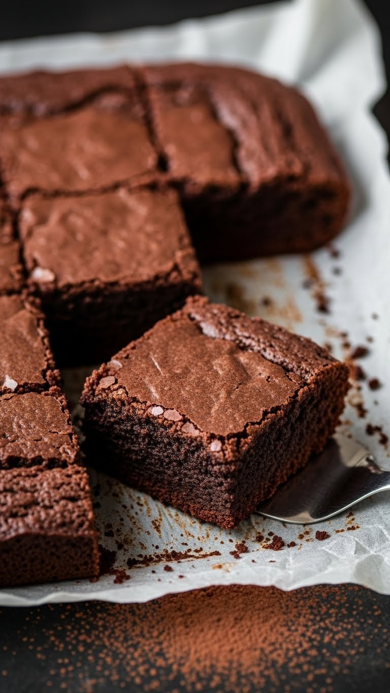 Close-Up Of Fudgy Vegan Dark Chocolate Brownies With Crinkled Top, Dusted With Cocoa Powder On Parchment, Elegant Dessert.