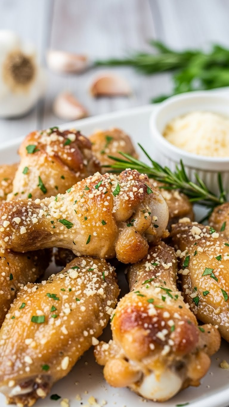 Close-Up Of Garlic Parmesan Baked Chicken Wings Coated With Grated Cheese And Parsley On White Ceramic Platter