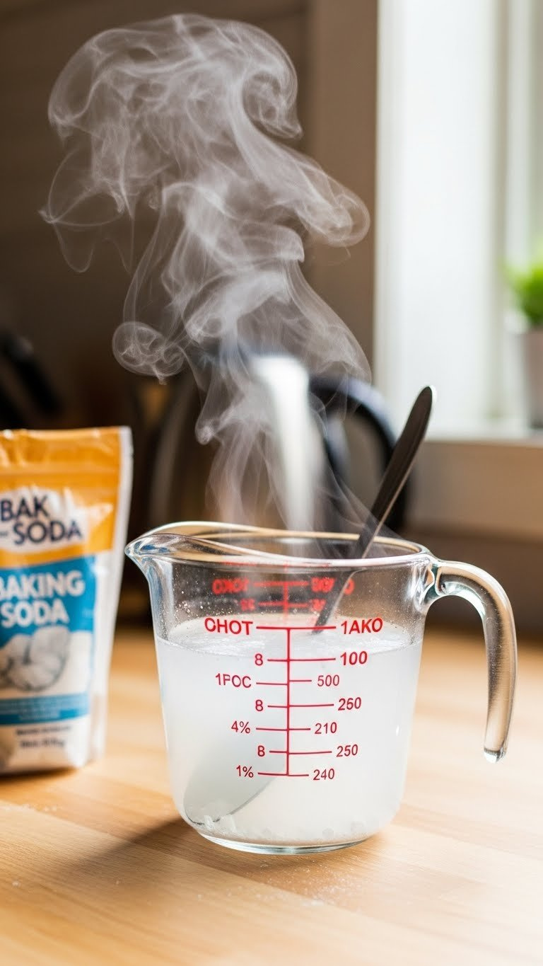 Close-Up Of Glass Measuring Cup With Steaming Baking Soda Solution And Stirring Spoon On Wooden Kitchen Countertop