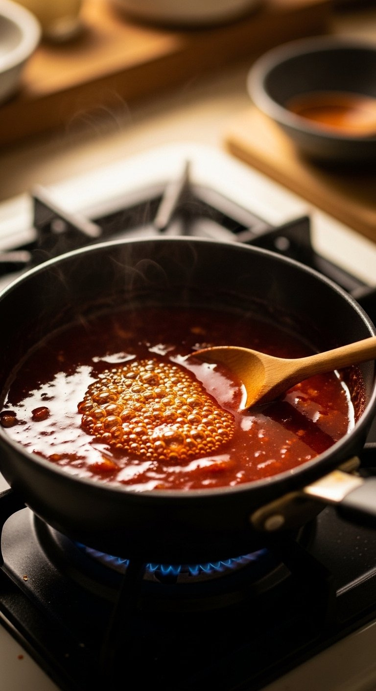 Close Up Of Glossy Red Korean Sweet And Spicy Glaze Simmering With Bubbles In A Dark Saucepan.