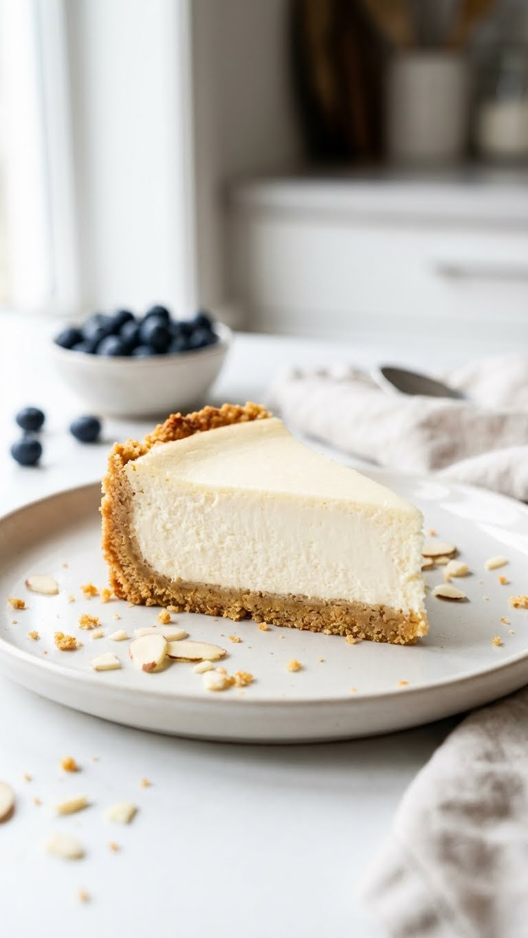 Close-Up Of Gluten-Free Cheesecake Slice Featuring Creamy Filling, Textured Almond Flour Crust, Fresh Blueberries, And Slivered Almonds.