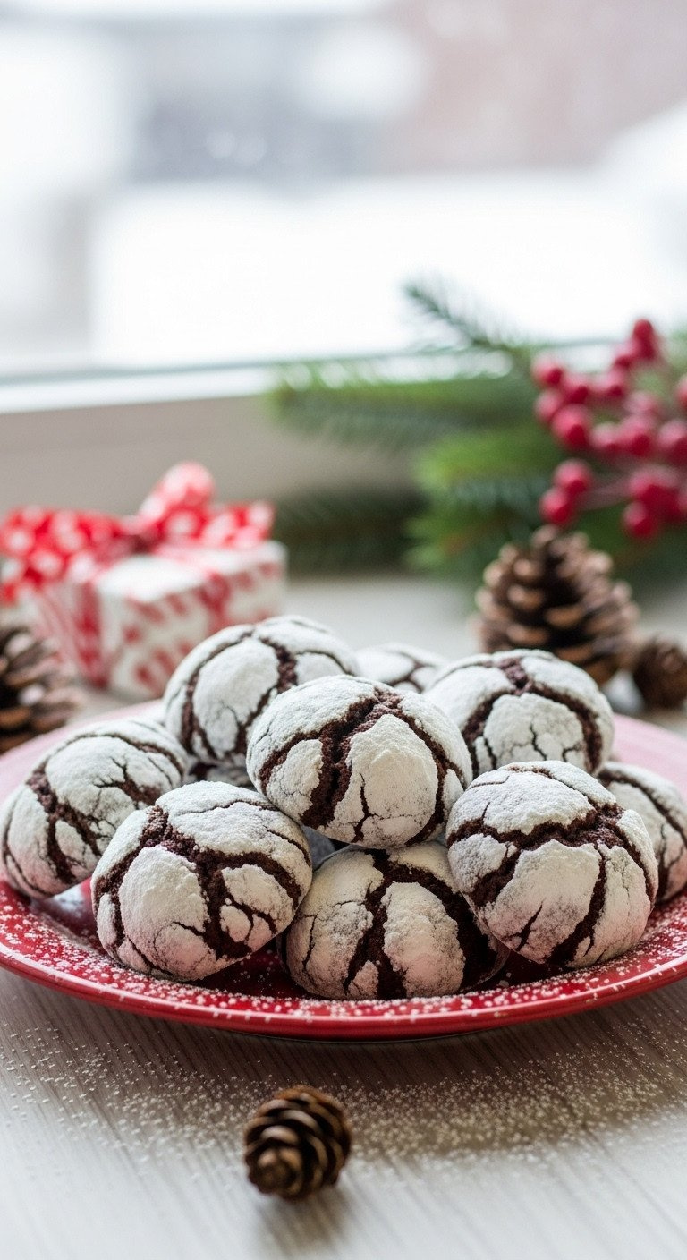 Close-Up Of Gluten-Free Chocolate Peppermint Crinkle Cookies With A Cracked Powdered Sugar Top On A Festive Red Plate.