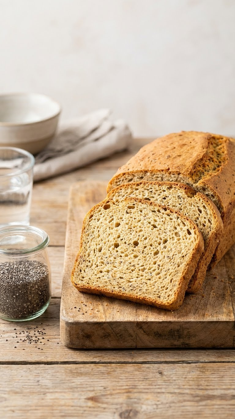 Close-Up Of Gluten-Free Sandwich Bread Slices With Chia Seeds, Firm Texture, On Rustic Wood Table In Bright Daylight.