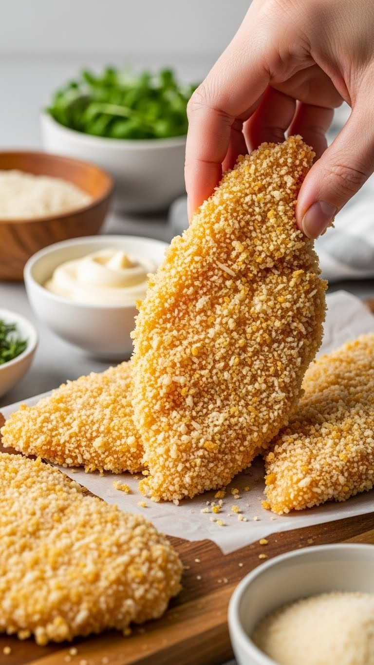 Close-Up Of Golden Breaded Chicken Cutlet On A Wooden Board With Mayonnaise, Ready For Frying Or Baking.