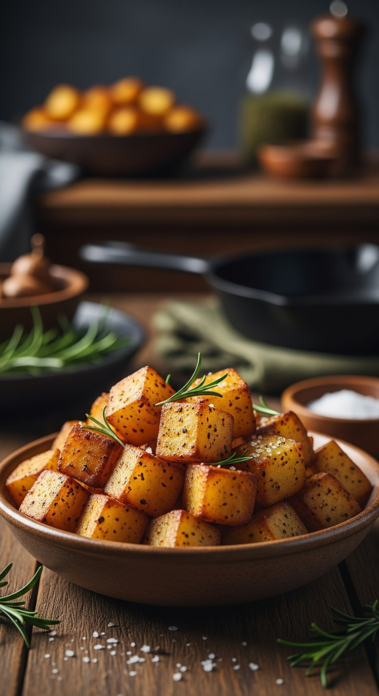 Close Up Of Golden Brown Crispy Roasted Potato Cubes In Rustic Ceramic Bowl On Wood Table With Rosemary And Sea Salt