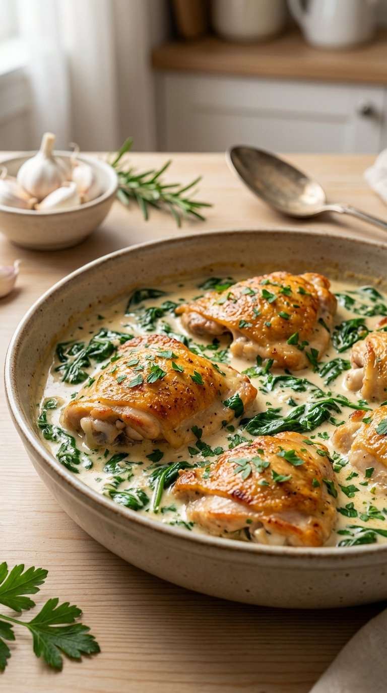 Close-Up Of Golden Brown Garlic Butter Chicken In Creamy Sauce With Wilted Spinach In Rustic Ceramic Skillet On Wooden Table