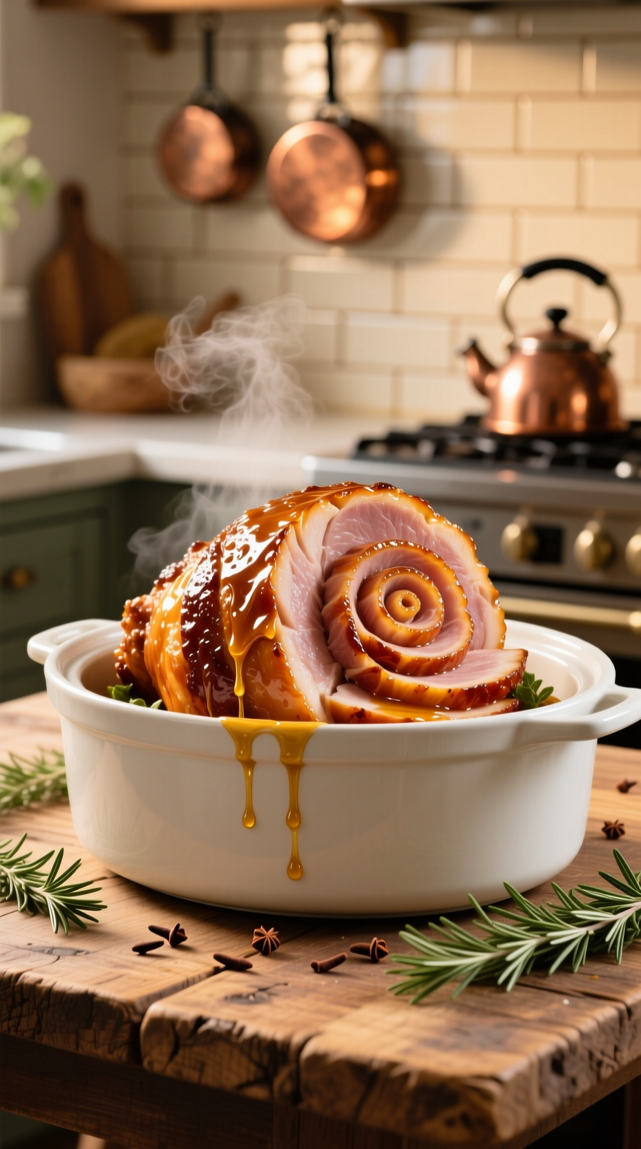 Close-Up Of Golden-Brown Honey-Glazed Spiral Ham Slices In A Ceramic Slow Cooker, Garnished With Rosemary, On A Rustic Wooden Table.