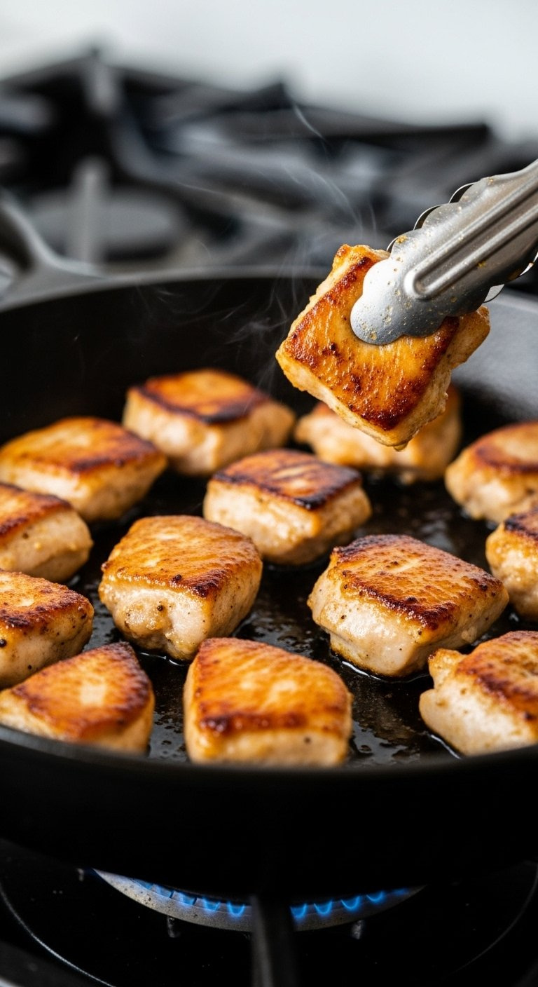Close-Up Of Golden-Brown Seared Chicken Cubes Sizzling In A Black Cast-Iron Skillet With Tongs.