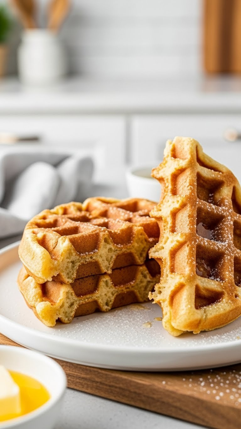 Close-Up Of Golden-Brown Waffle Half, Crisp Pockets, Dusted Powdered Sugar, On White Plate, Natural Kitchen Light, Inviting.