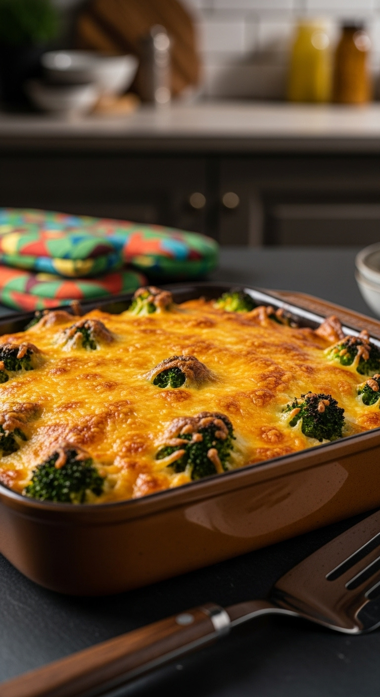 Close Up Of Golden Bubbly Cheesy Broccoli Chicken And Rice Bake Casserole Fresh From Oven With Melted Cheddar And Green Broccoli Florets