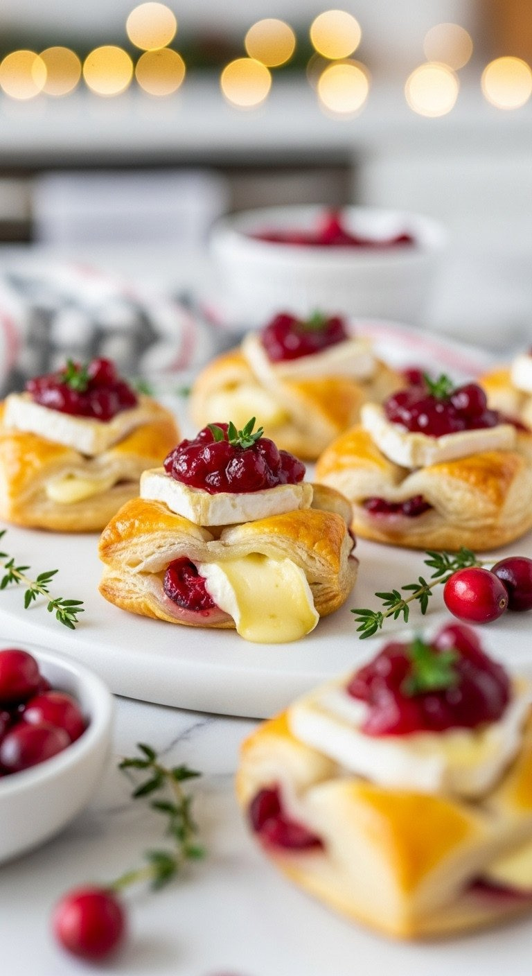Close-Up Of Golden Cranberry Brie Puff Pastry Bites On A White Marble Platter, An Elegant Holiday Appetizer Recipe Idea.