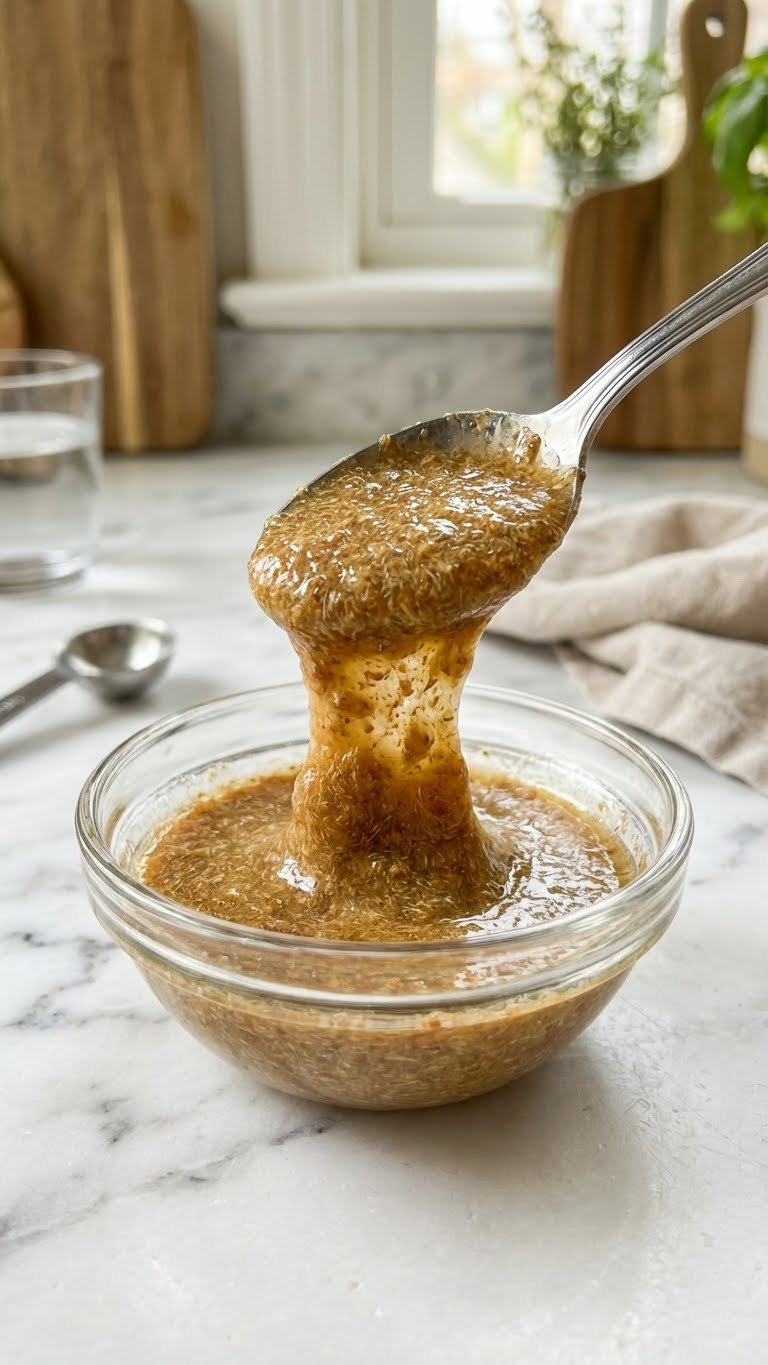 Close-Up Of Golden Flax Egg Mixture Being Spooned From Glass Bowl On Marble, Highlighting Thick, Binding Gel Texture For Vegan Baking.