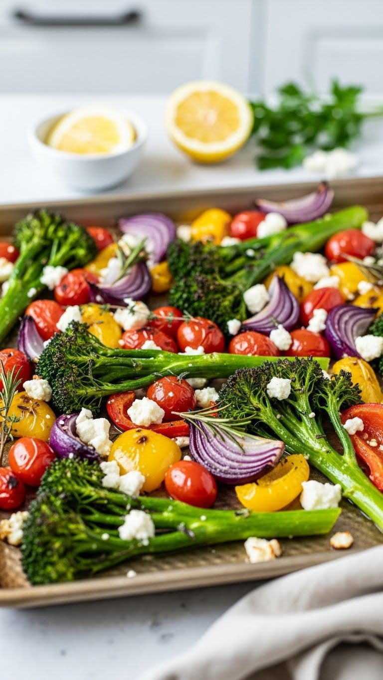 Close-Up Of Golden Roasted Vegetables With Broccolini, Cherry Tomatoes, Bell Peppers, And Crumbled Feta Cheese On A Baking Sheet With Fresh Herbs.