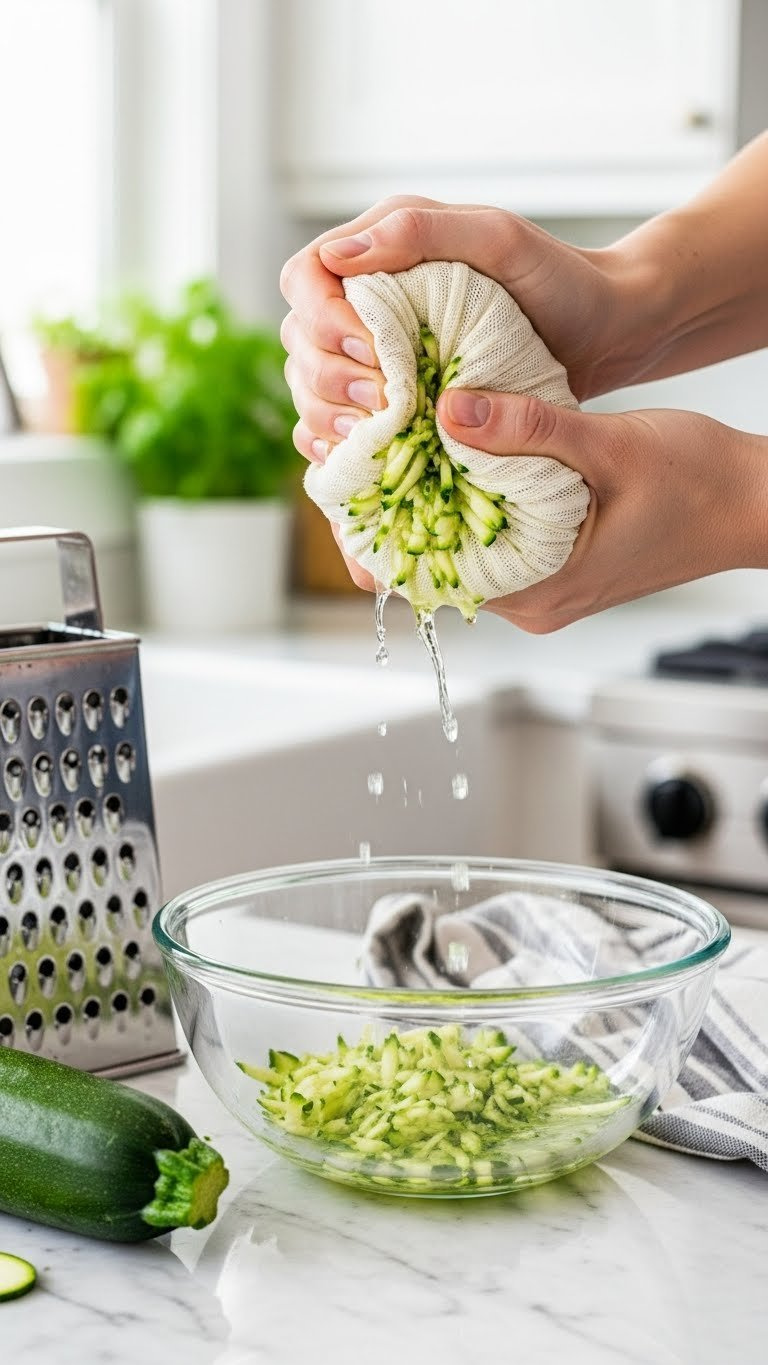 Close-Up Of Grated Zucchini Being Squeezed Over A Glass Bowl With Water Streaming Out, Showcasing Fresh Green Texture In A Bright Kitchen Setting.