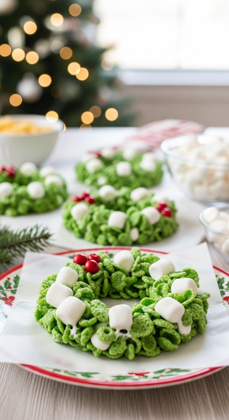 Close-Up Of Green Christmas Wreath Cornflake Treats Decorated With Red Cinnamon Candies To Look Like Holly Berries.