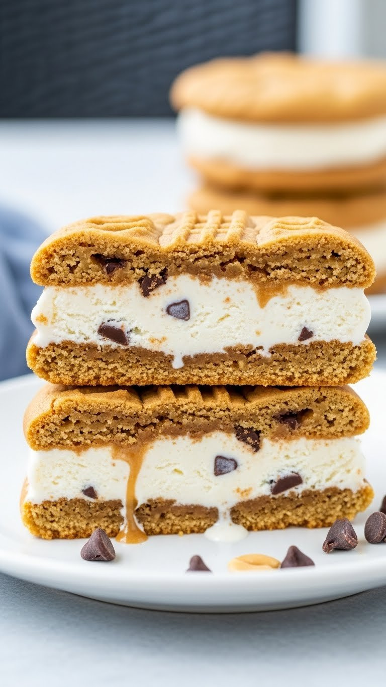 Close-Up Of Halved Giant Peanut Butter Ice Cream Sandwich With Vanilla Filling, Melted Drips On White Plate, Summer.