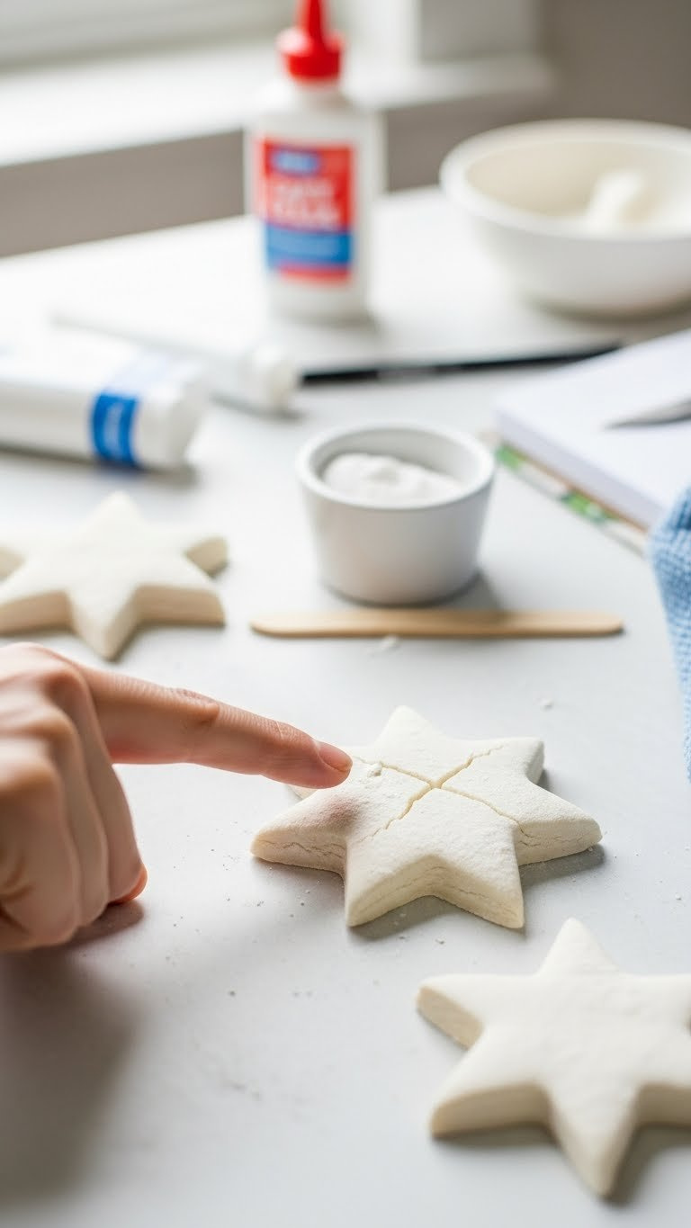 Close-Up Of Hand Pointing To Hairline Crack On White Star-Shaped Baking Soda Ornament With Repair Supplies.
