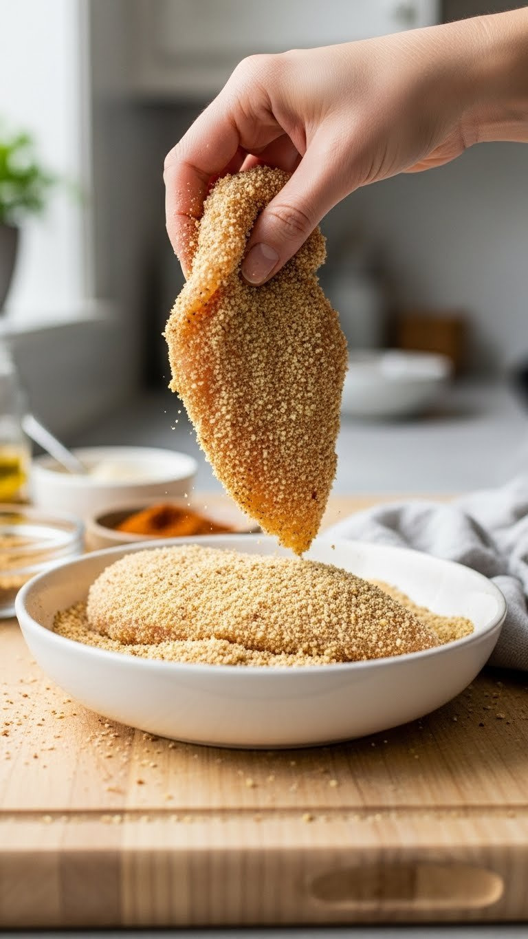 Close-Up Of Hand Pressing Chicken Breast Into Golden-Brown Gluten-Free Almond Meal Breading Mixture On Wooden Cutting Board.