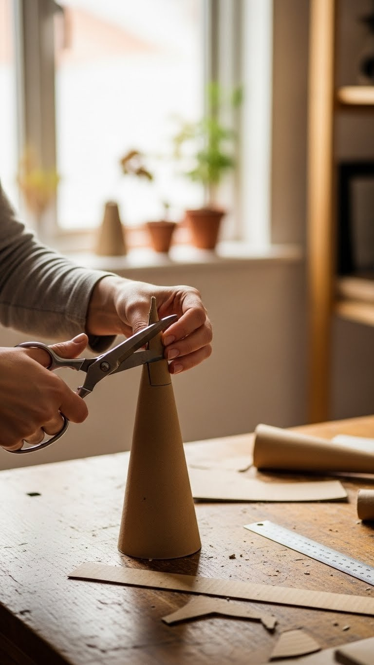 Close-Up Of Hands Cutting Cardboard Christmas Tree Cone Shape With Craft Scissors On Wooden Workbench For Baking Soda Crystals