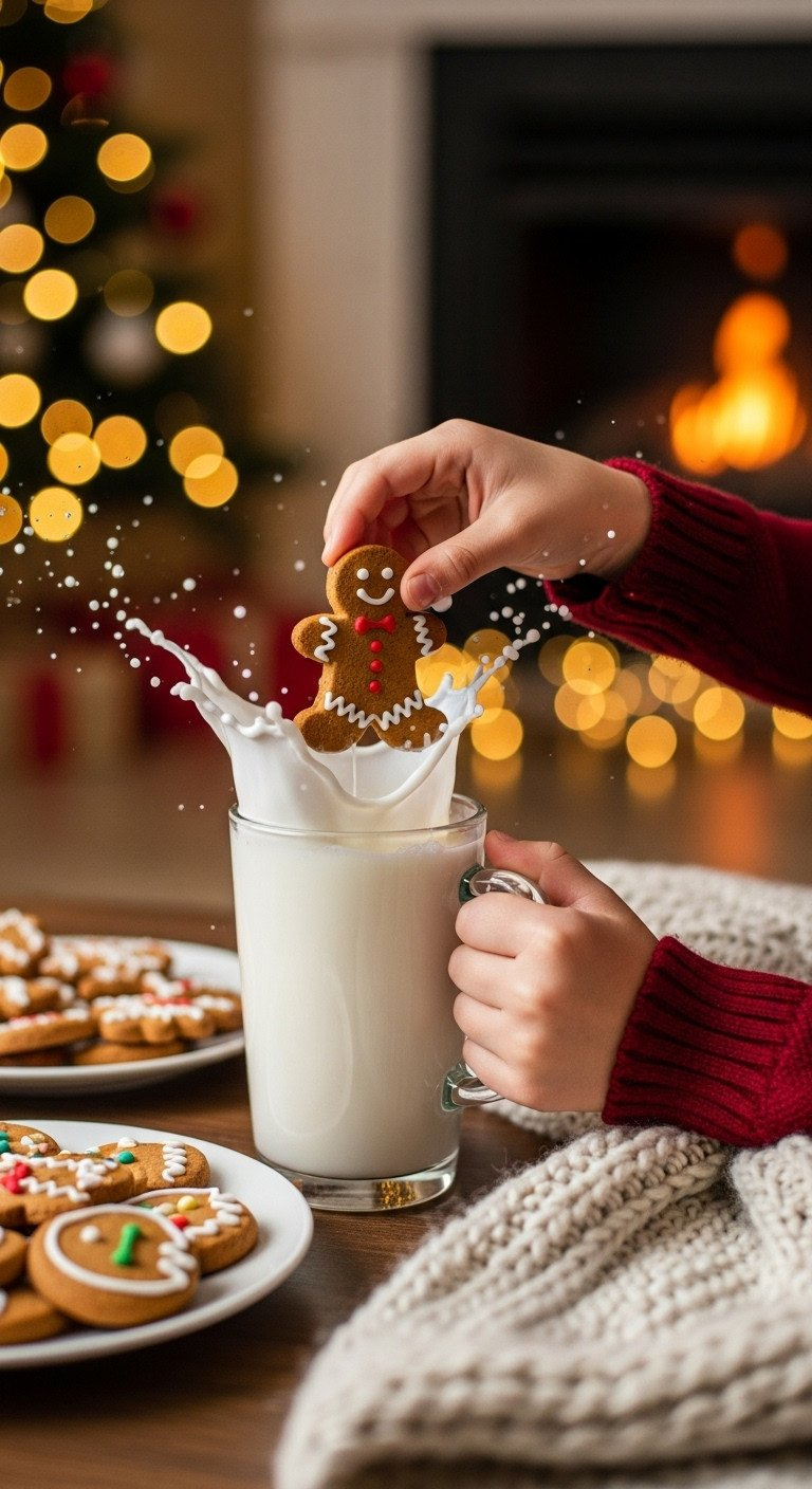 Close-Up Of Hands Dunking A Gingerbread Man Cookie Into A Glass Mug Of Milk By A Cozy, Glowing Christmas Tree.