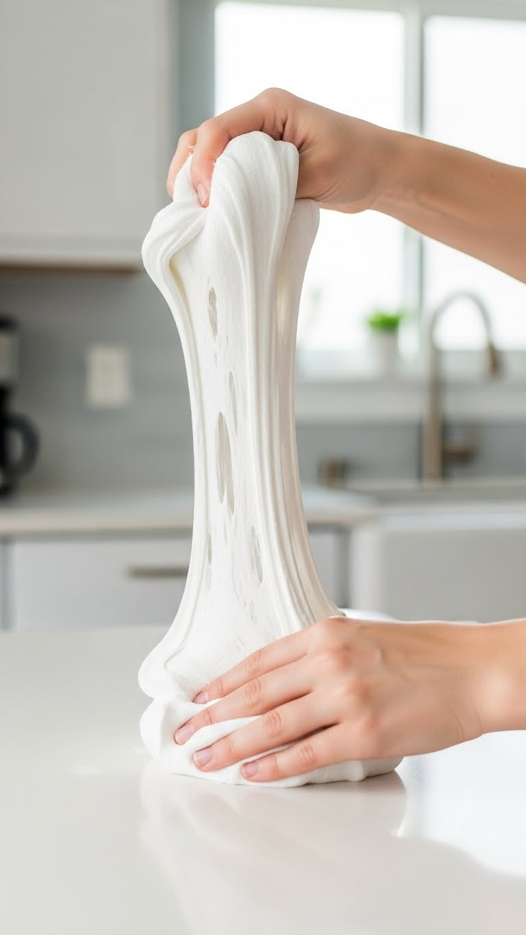 Close-Up Of Hands Kneading Stretchy Baking Soda Slime On Clean White Countertop With Soft Natural Lighting